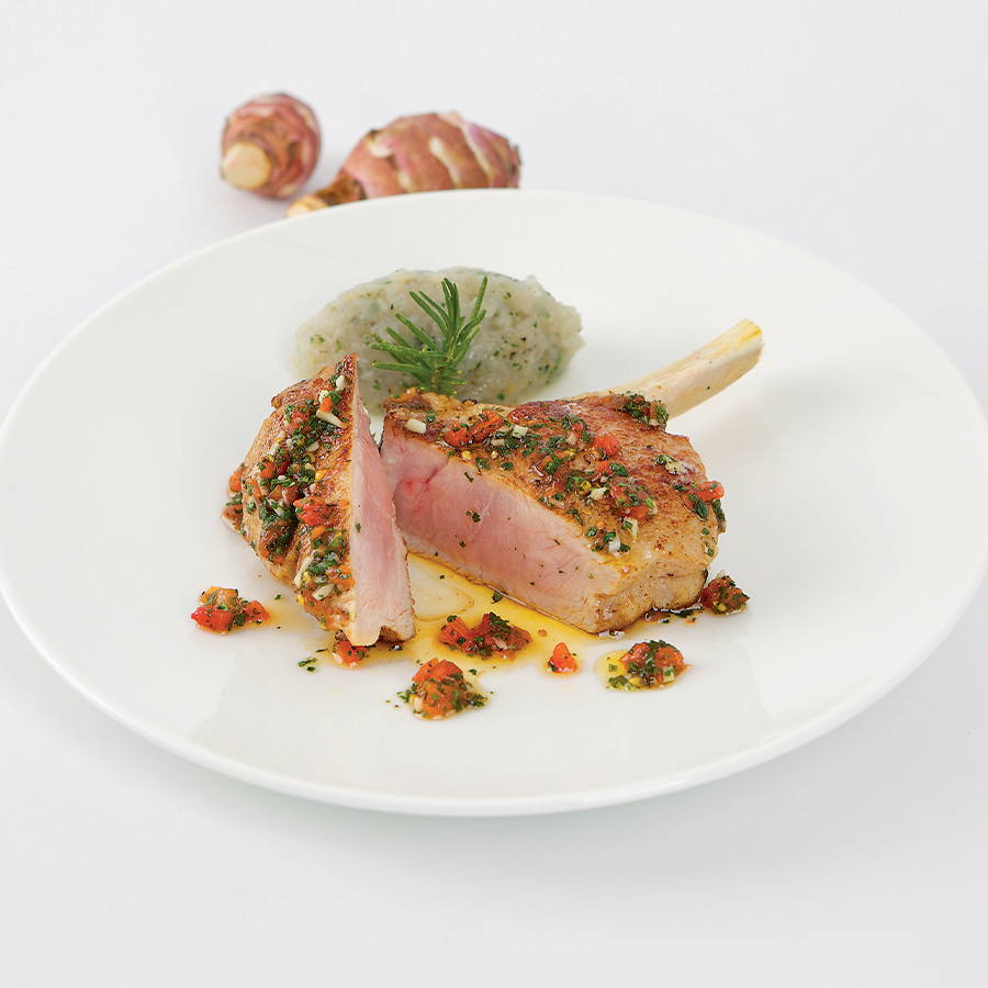 Veal chop with spiced tomatoes and Topinambur